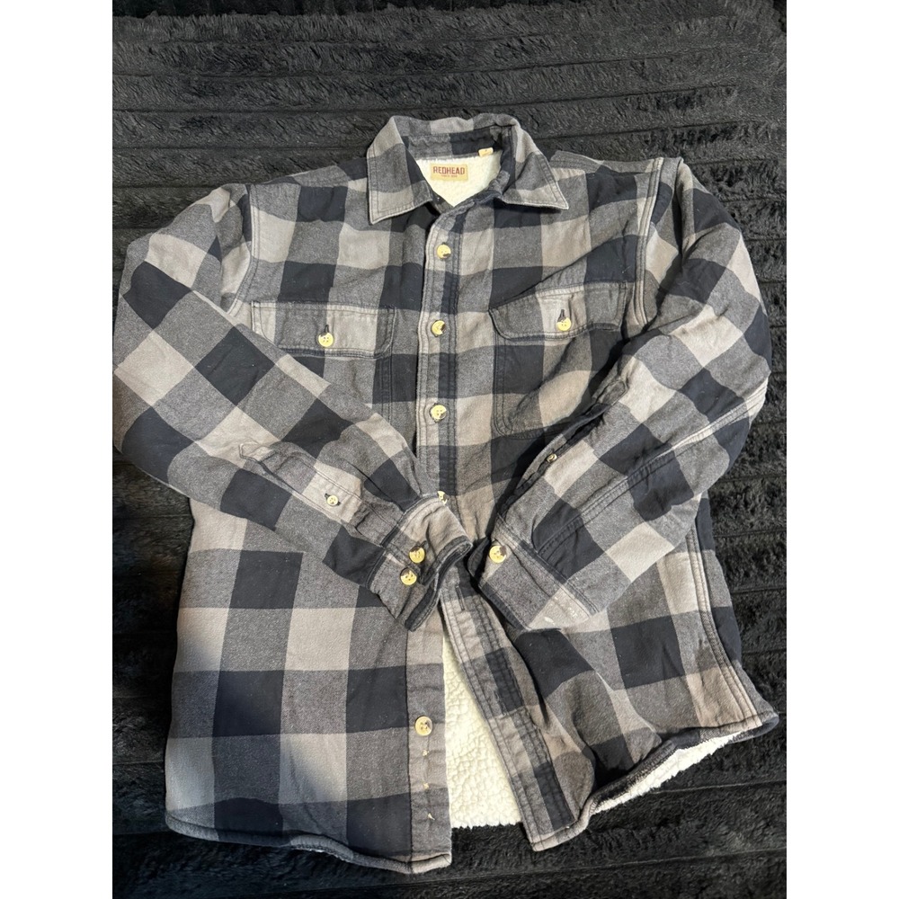 Redhead Mens Buffalo Plaid Sherpa Lined Flannel Shirt Jacket Grey Black‎ Small